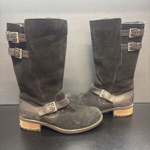 Womens UGG Chaney Black Water Resistant Suede Shearling Buckle Moto Boot